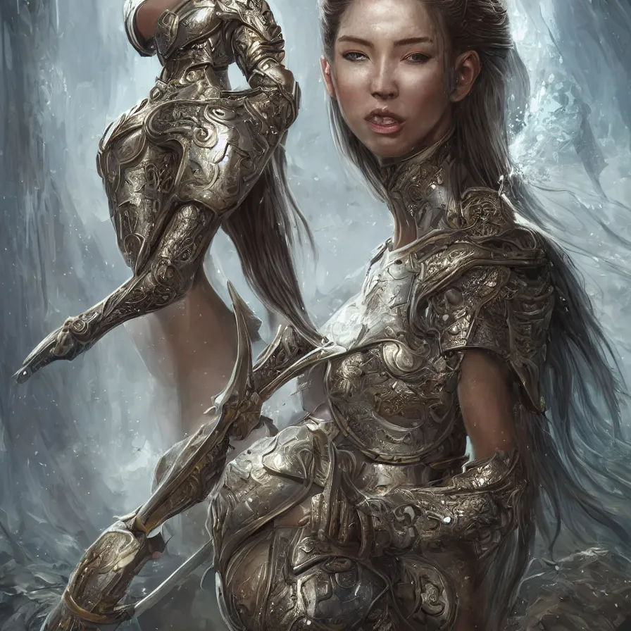 Image similar to A full length portrait of a mystical female warrior in shiny armor in an enchanted zen garden, by Artgerm, sci-fi, fantasy, intricate, very very beautiful, elegant, highly detailed, digital painting, artstation, concept art, smooth, sharp focus, Cinematic Lighting, Unreal Engine, 8k, HD