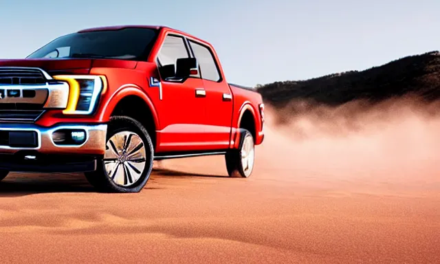 Image similar to Ford F150 Nebula 2022 Truck on a Red Sand Beach, sunset