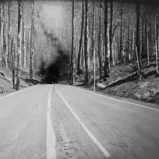 Prompt: a 1 9 0 0 s grainy photo of a monster catch in a desert road inside a dense forest
