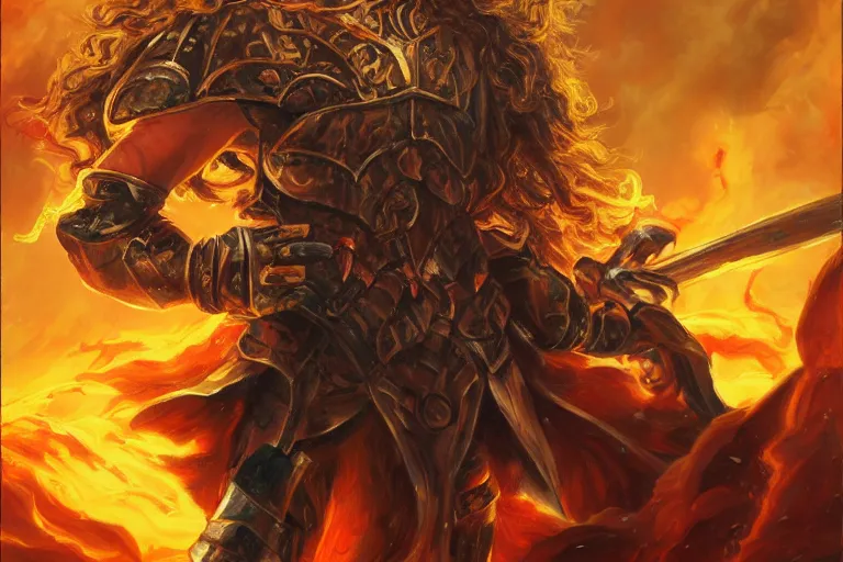 Prompt: a beautiful prince Lucius warrior with long curly blond hair brutally destroys his enemies on the battlefield, wrath flame and ruin, oil painting, trending on artstation