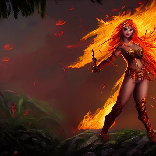 Image similar to fire goddess, skin of flames, body made of fire, wearing armor, rampaging, stormy background, forest fire, breathing fire, fire in hand, concept art, tiny person watching, artstation, 4k