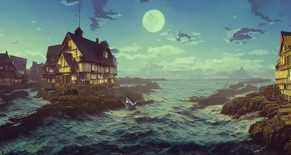 Image similar to highly detailed victorian cornish fishing village, stephen bliss, unreal engine, greg rutkowski, loish, rhads, beeple, makoto shinkai and lois van baarle, ilya kuvshinov, rossdraws, tom bagshaw, tom whalen, alphonse mucha, global illumination, god rays, detailed and intricate environment