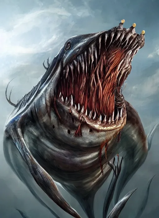 Image similar to terrifying sea creature, big teeth, ominous, scary, horror, realistic, digital art, photorealism, trending on artstation