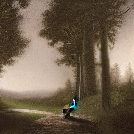 Image similar to matte painting of a tabby cat walking on a path in a dark moonlit Maine forest, serene, highly detailed, by caravaggio and alan lee, trending on artstation, 4k