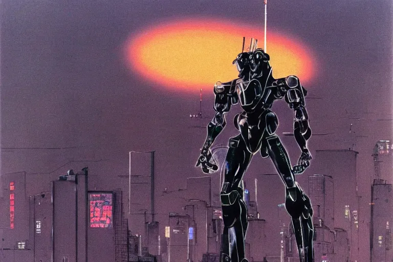 Prompt: 1 9 8 0 s anime screenshot of a sleek, slender, human - scale mecha suit defending the city streets, designed by hideaki anno, drawn by tsutomu nihei, and painted by zdzislaw beksinski