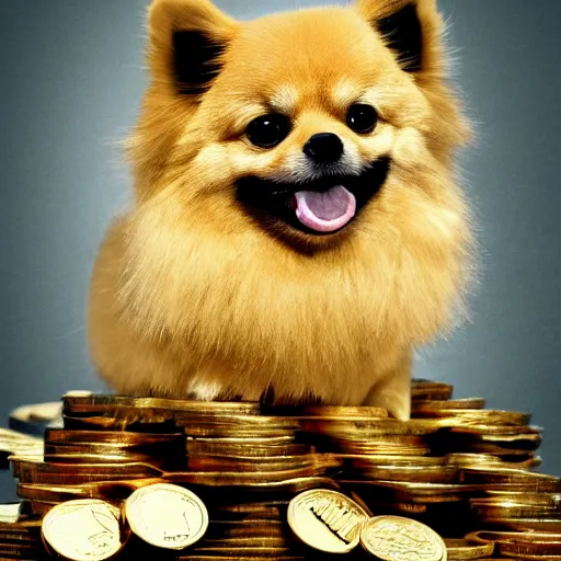 Image similar to A gold pomeranian wearing a top-hat and monocle, sitting on a pile of gold coins