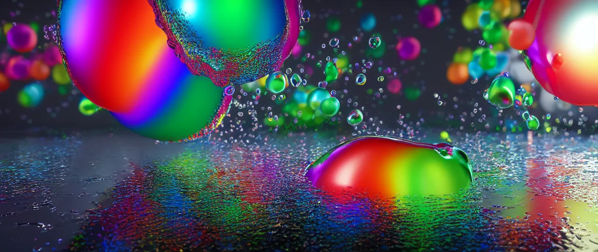 Image similar to surreal chrome rainbow bubbly liquid, 3 d octane render, reflective, raytracing, dynamic lighting, focus