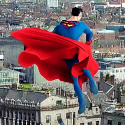 Prompt: A film still of superman flying over Dublin City Ireland