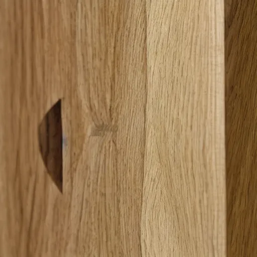 Prompt: dark oak miter joint with spline of white walnut, woodworking, up close, extreme detail