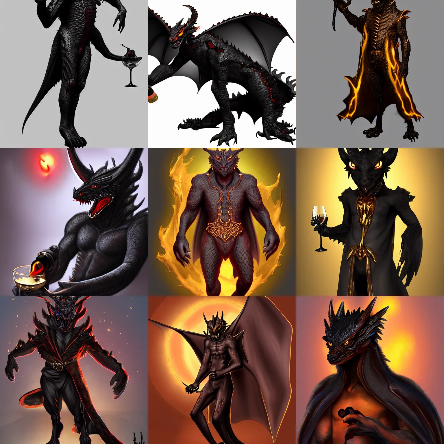 Prompt: young male anthro black dragon!, sculpted draconic features, glowing eyes, wearing a luxurious velvet robe, holding a glass of wine, commission on furaffinity, artstation, high quality highly detailed digital art