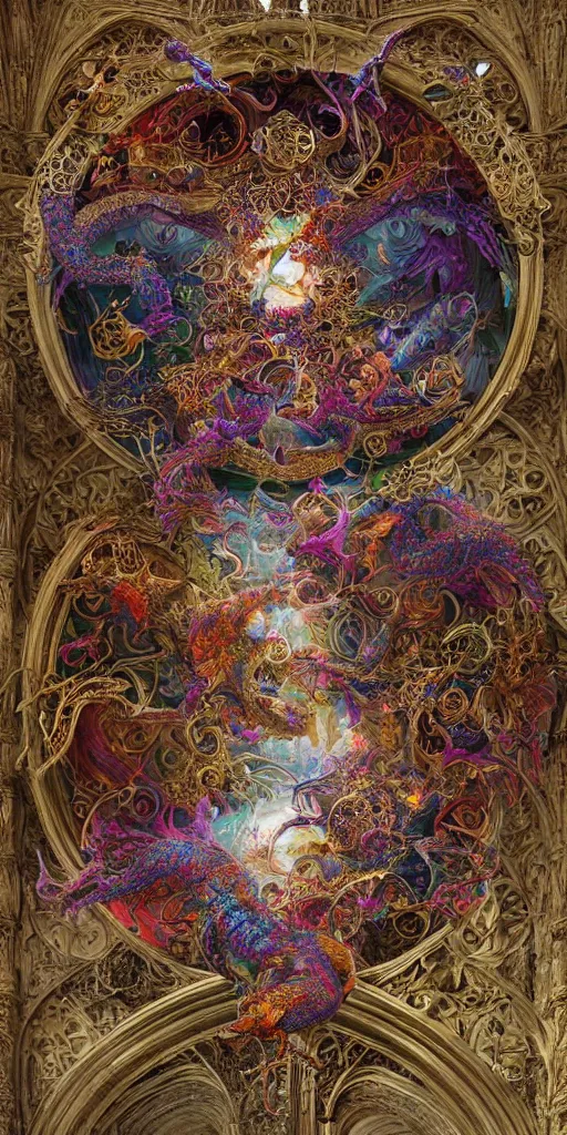 Prompt: enormous colorful psyhedelic Ouroboros floating around inside an ancient mage castle hall colossal scale, gothic and baroque, brutalist architecture, ultradetailed, intricate details by Ellen Jewett and Ayami Kojima