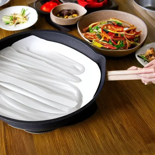 Image similar to a wok made of stretchy plastic that has been stretched out so that it's longer than it is wide