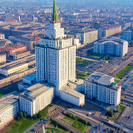 Prompt: moscow state university main building, aerial photography, highly detailed, 4 k, by greg rutkowski