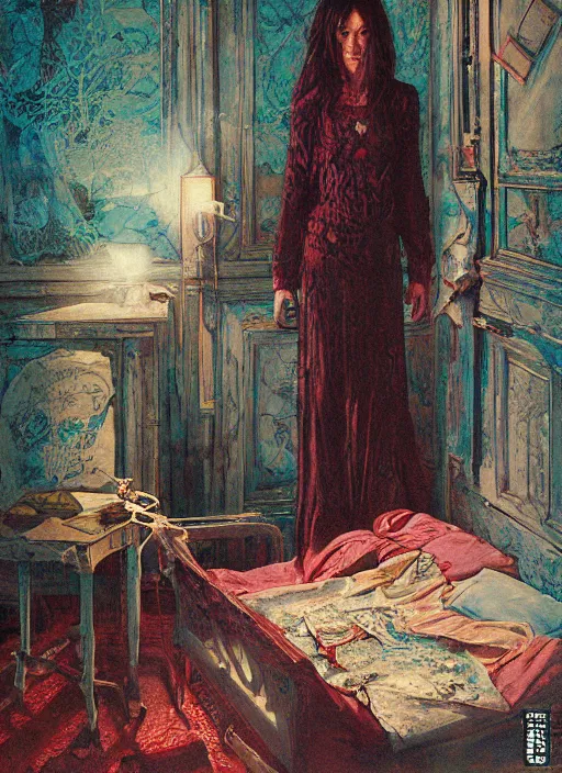 Prompt: realistic detailed image of a girl in an old soviet girlish room with a little monster hiding!!! under the bed!!! by Ayami Kojima, Amano, Karol Bak, Greg Hildebrandt, and Mark Brooks, Neo-Gothic, gothic, rich deep colors. Beksinski painting, part by Adrian Ghenie and Gerhard Richter. art by Takato Yamamoto. masterpiece. ultra details, high quality, high resolution .