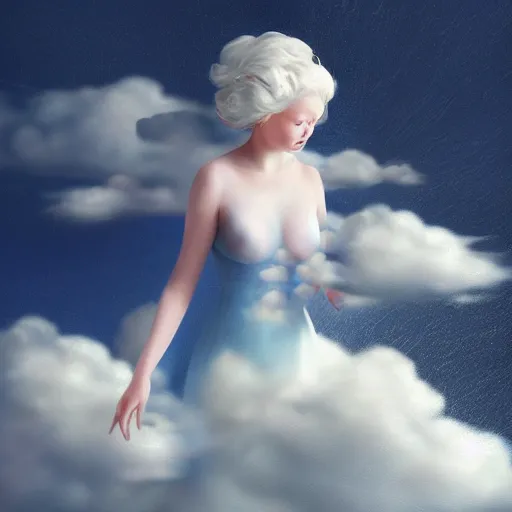 Prompt: goddess wearing a cloud fashion on the clouds, photoshop, colossal, creative, albino skin, giant, digital art, photo manipulation, clouds, covered in clouds, girl clouds, on clouds, covered by clouds, airplane in the sky, white hair, digital painting, artstation, impressionism