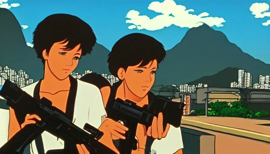 Image similar to 1 9 8 6 movie screencap of a couple with a gun on a rio de janeiro, gucci clothes, studio ghibli sky, beautiful favela background extremely utra high quality artwork 8 k