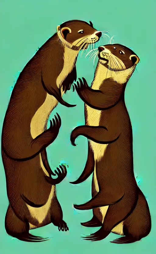 Prompt: otters playing with one another wide angle shot, white background, vector art, illustration by frank frazetta