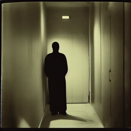 Prompt: dark, scary human figure standing ominously in a hallway, backlit by soft lights, dark, mysterious, creepy, photo taken on Polaroid camera