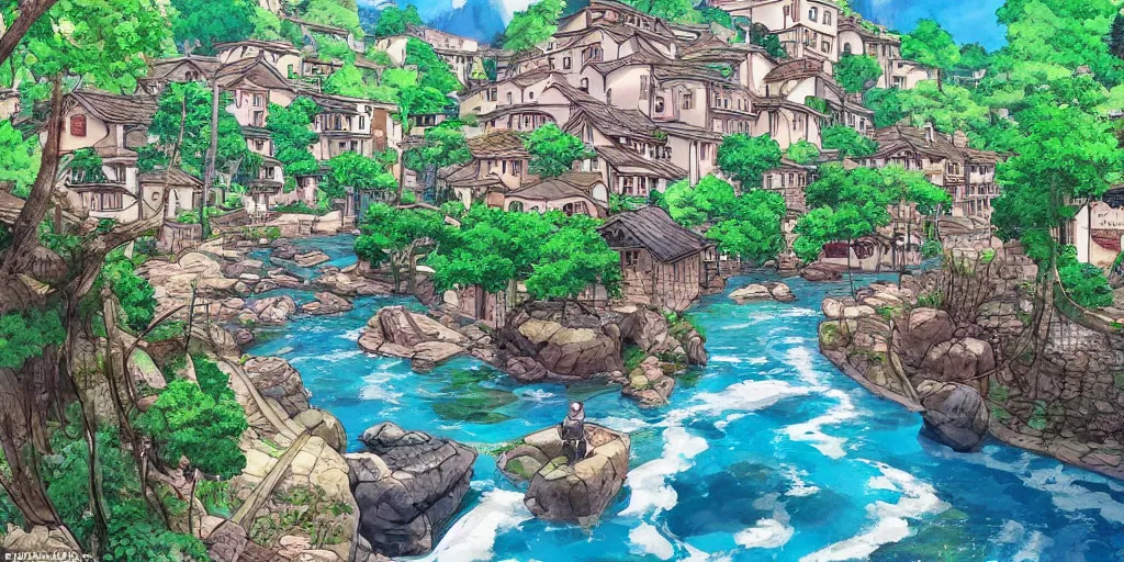 Prompt: a river winding through a small village, in the style of march comes in like a lion, anime, stylized, vibrant, warm