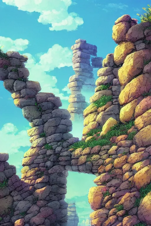 Image similar to stone wall stretching to the sky at the edge of the world, 4 k digital paint by studio ghibli hayao miyazaki. vivid colours, vaporwave lighting style, very sharp and detailed. trending on artstation and behance.