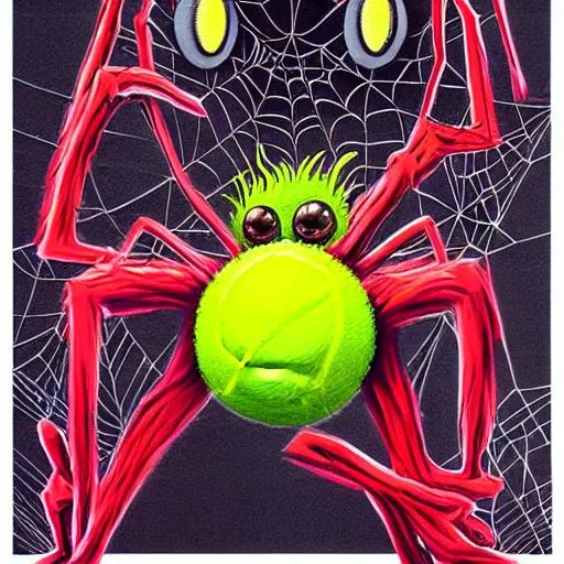 Image similar to a tennis ball monsters ,spider, colorful, digital art, fantasy, magic, trending on artstation, ultra detailed, professional illustration by Basil Gogos