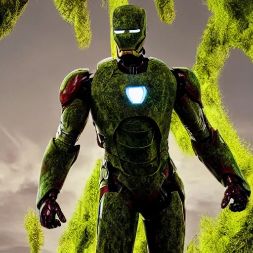 Prompt: overgrown iron man suit covered in moss and vines, 4k realistic photo