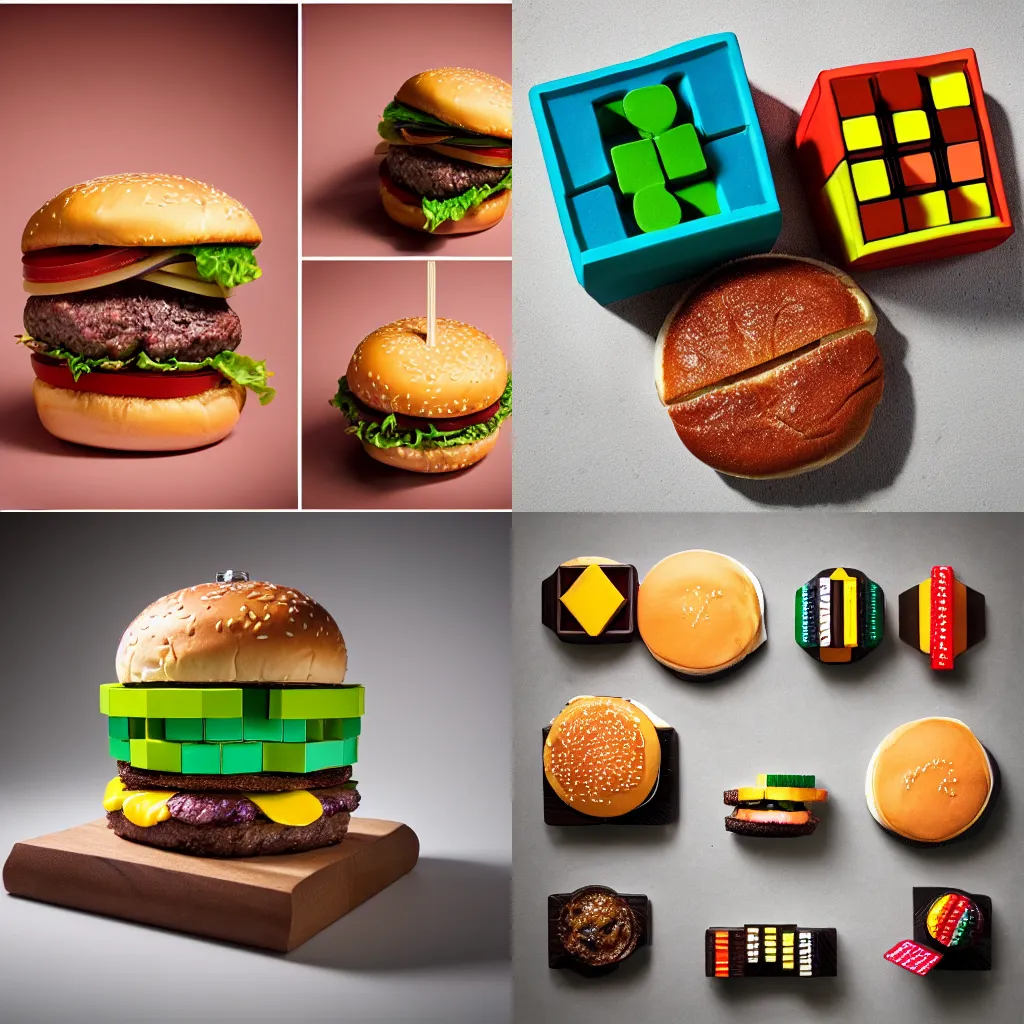 Prompt: a burger shaped like a rubik's cube, food photography, studio lighting