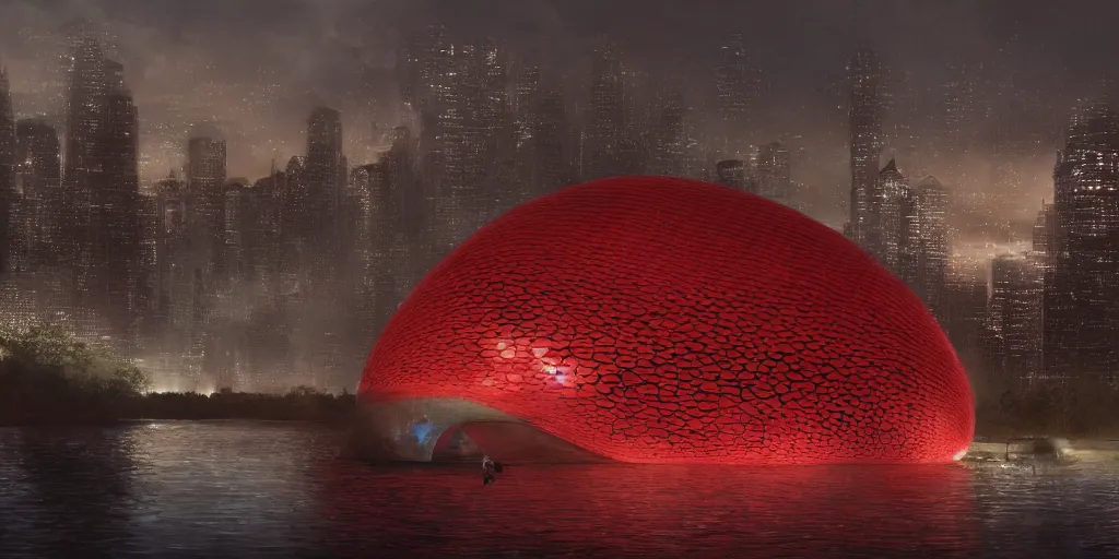 Image similar to An epic architectural rendering of a blob shaped trypophobia house with a mysterious red glow emitting from inside in a modern cityscape next to a river, by Zaha Hadid and Greg Rutkowski, tunning, gorgeous, golden ratio, photorealistic, featured on artstation, 4k resolution