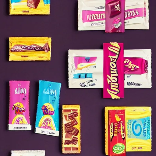 Image similar to chocolate candy bar packaging, 8 0 s style, very appealing, marketing photo