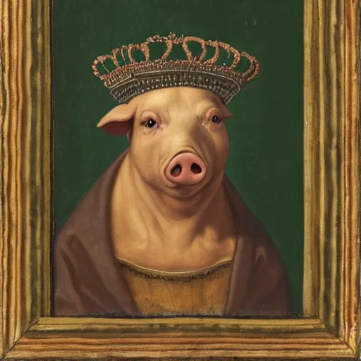 Prompt: a renaissance style portrait of a pig (Sus domesticus) wearing a crown and a cape, dark background