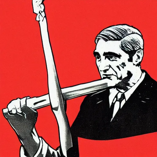 Prompt: soviet propaganda of robert mueller holding a hammer and sickle in realistic collective farm