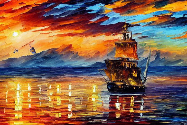 Prompt: a pirate ship anchoring at an island, golden hour, leonid afremov, clear skies, serenity, detailed