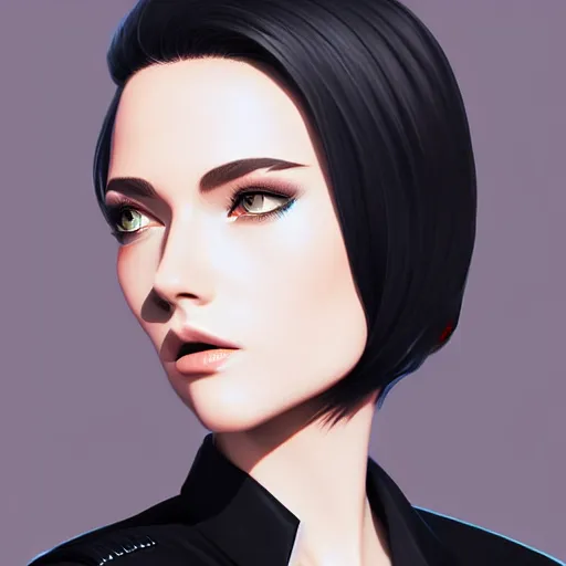 Image similar to young killer female in black jacket suit, muted colors, matte print, pastel colors, 2d, ultra highly detailed, smooth, sharp focus, digital art, digital painting, fan art, elegant, artstation, head is centered, by Ilya Kuvshinov