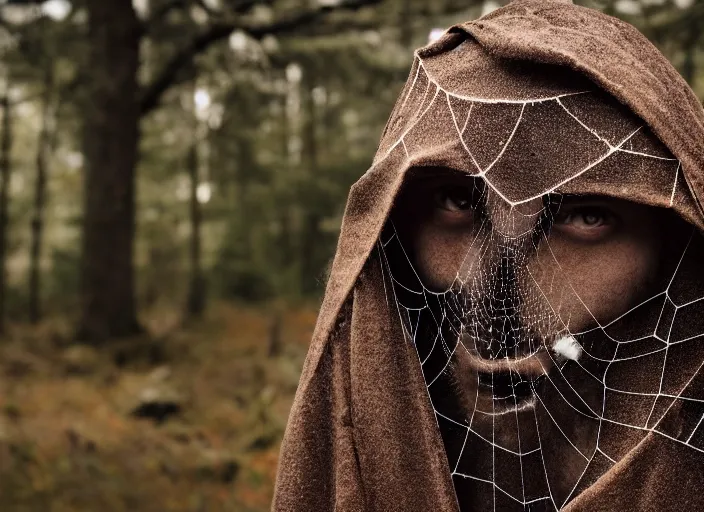 Prompt: character and environment photography, portrait 2 0 - year - old male druid, biomechanical spider web!!!, tattered hood and robe, infested bear standing, medium shot, wide angle, 2 0 0 px, low key