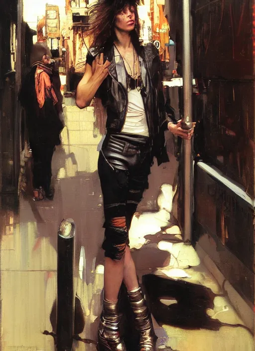 Image similar to androgynous glam rocker outside cbgb in the style of phil hale, sfumato Orientalist portrait by john william waterhouse and James Gurney and Theodore Ralli and Nasreddine Dinet, Syd Mead, Phil Hale, oil on canvas. Cinematic, hyper realism, realistic proportions, dramatic lighting, high detail 4k