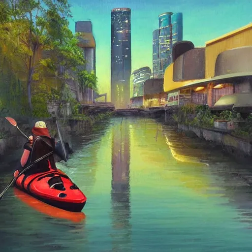 Prompt: Narrow cosy waterway in futuristic sci-fi city in harmony with nature. Kayaks passing through. Nice colour scheme, soft warm colour. Beautiful detailed painting by Lurid. (2022)