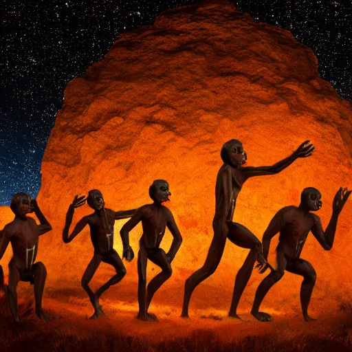 Image similar to an australopithecus tribe gathering, pointing to the stars, fire pit, ambient lighting, orange pallete, anatomically correct, beautiful starry skies, 4k photo,