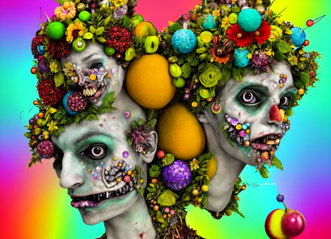 Image similar to headshot of a trickster fairy, nature zombie, head made of fruit and flowers in the style of arcimboldo, covered with gems and bubbles, fantastical, digital illustration, dynamic lighting, action figure, clay sculpture, claymation, turquoise black and yellow, rainbow stripe backdrop