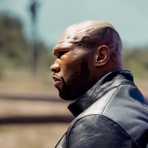 Image similar to a cinematic film still of 50 Cent starring as Mike Tyson, portrait, 40mm lens, shallow depth of field, close up, split lighting, cinematic