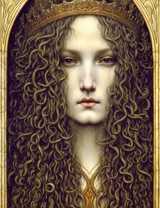 Image similar to detailed realistic beautiful young medieval queen face portrait by jean delville, gustave dore and marco mazzoni, art nouveau, symbolist, visionary, gothic, pre - raphaelite. horizontal symmetry