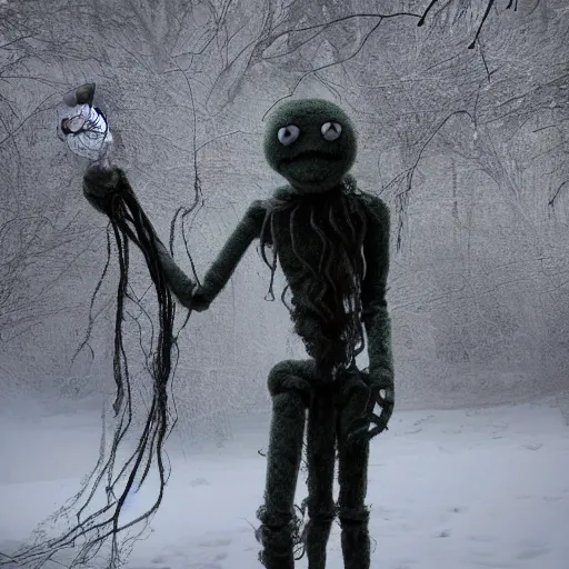 Image similar to humanoid ethereal ghostly live action muppet wraith like figure with a lightbulb for a head with two arms and four long tentacles for arms growing from its back that flow gracefully at its sides while it floats around the frozen woods searching for lost souls and that hide in the shadows in the trees, this character can control the ice, snow, shadows, and electricity, it is a real muppet by sesame street, photo realistic, real, realistic, felt, stopmotion, photography, sesame street, corpse bride tim burton