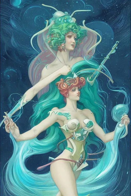 Image similar to Sailor Neptune by Peter Mohrbacher in the style of Gaston Bussière, Art Nouveau