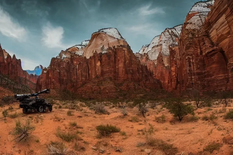 Prompt: cinematography of a cinematic ultra realist and ultra intricate detailed photo of a beautiful sci-fi armored mech shootout in Zion national park by Emmanuel Lubezki