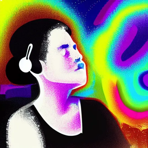 Image similar to “a woman with synesthesia listening to an orchestra at a concert hall, digital art”