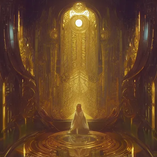 Image similar to a background matte painting for a scifi religious room with chambers of bubbling liquid gold intricate digital painting artstation concept art smooth sharp focus illustration, art by artgerm and greg rutkowski and alphonse mucha