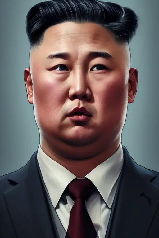 Image similar to vladimir putin got a kim jong un hairstyle, realistic portrait, symmetrical, highly detailed, digital painting, artstation, concept art, smooth, sharp focus, illustration, cinematic lighting, art by artgerm and greg rutkowski and alphonse mucha