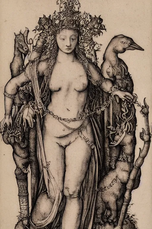 Image similar to albrecht durer, albrecht altdorfer, hans holbein, lucas cranach, gustave dore, engraving-style tattoo of regal female boddhisatva with the attributes of Diana, Athena, Guanyin, Shakti, Isthar, Deborah, and Seshat, wearing a robe, standing gracefully upon a lotus, surrounded by egrets and northern wetland flora