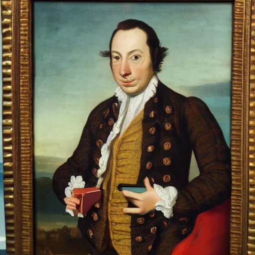Prompt: A portrait of a man with an open laptop for a head, wearing a tweed backpack and purple velvet suit, 18th century oil painting