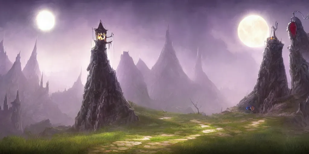 Image similar to The single lonesome grand wizard tower by Tyler Edlin, fantasy art, green fields in the background, wide angle, cinematic composition, dark moody lighting, moon in the sky