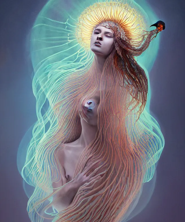 Image similar to portrait of a goddess of death with (reaction diffusion) scaled fish skin Bioluminescent phoenix jellyfish, burning phoenix halo, Her breath shot a haze of steam out into the frosty morning air concept, soft light, soft mood, realistic body features and face, illustration,intricate ornament halo, painting oil on canvas by Elena Zhurikhina and Goro Fujita and Charlie Bowater, octane render trending on artstation, 4k, 8k, HD